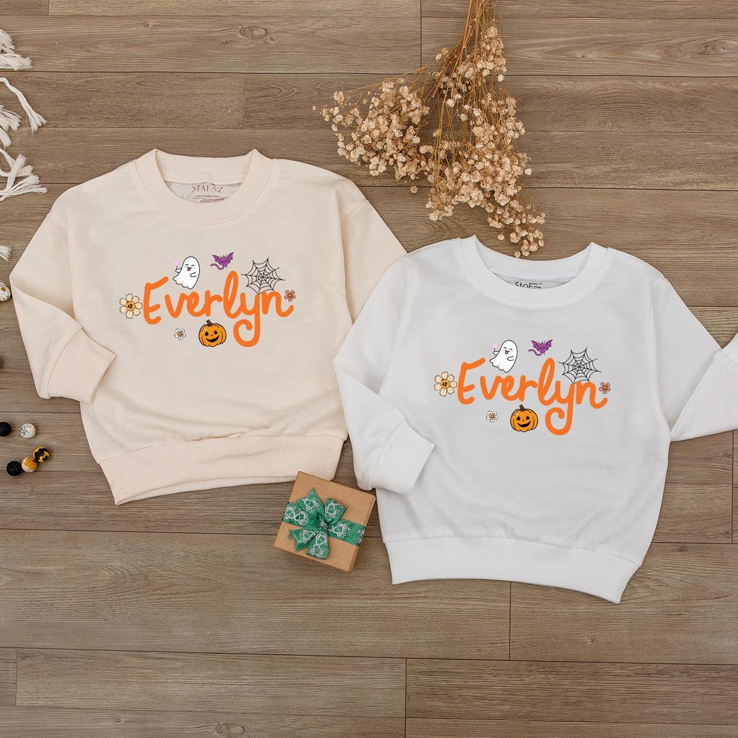 Custom Name Halloween Baby Bodysuit & Sweatshirt Orange Ghost Pumpkin Bat Purple White Fall Outfit Personalized