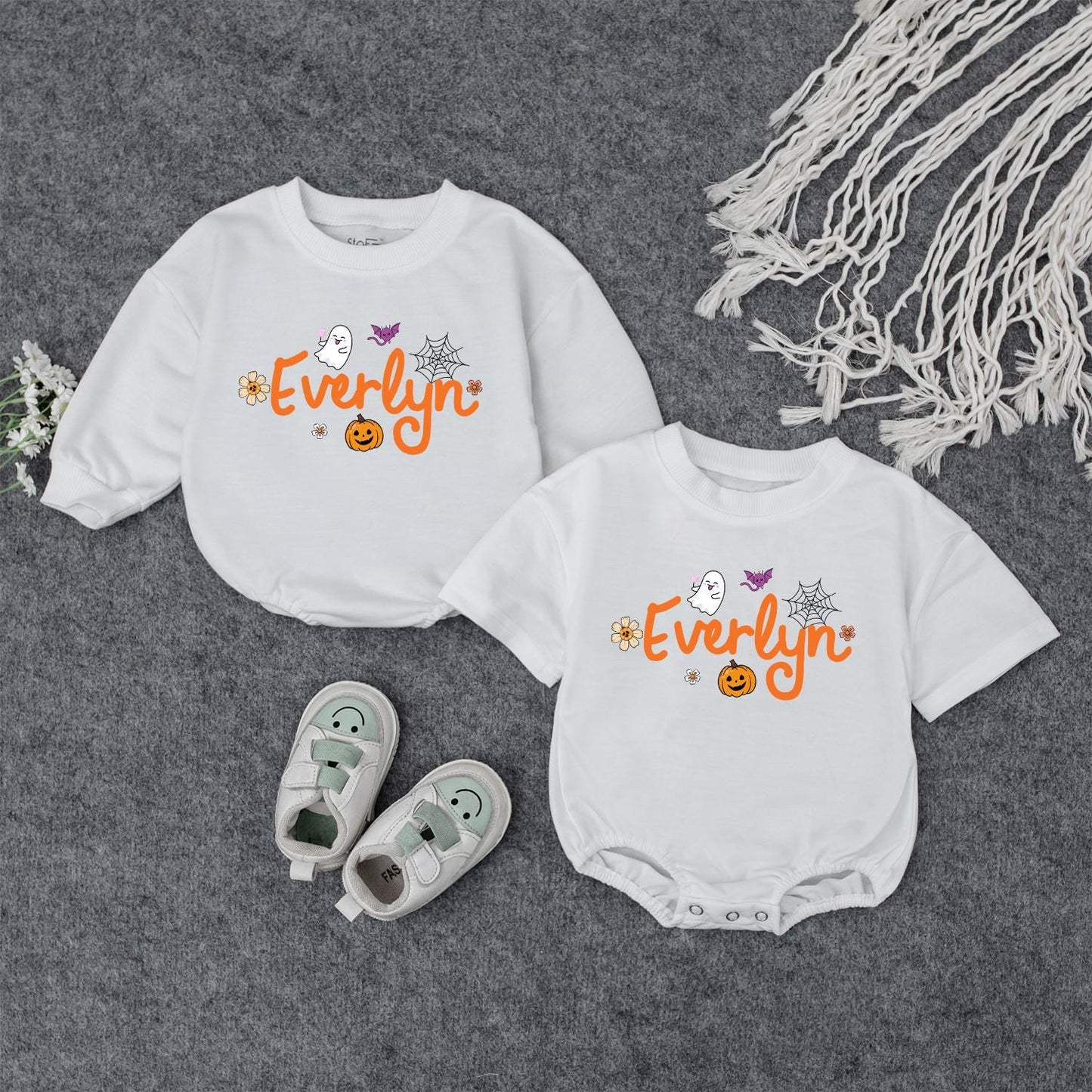 Custom Name Halloween Baby Bodysuit & Sweatshirt Orange Ghost Pumpkin Bat Purple White Fall Outfit Personalized