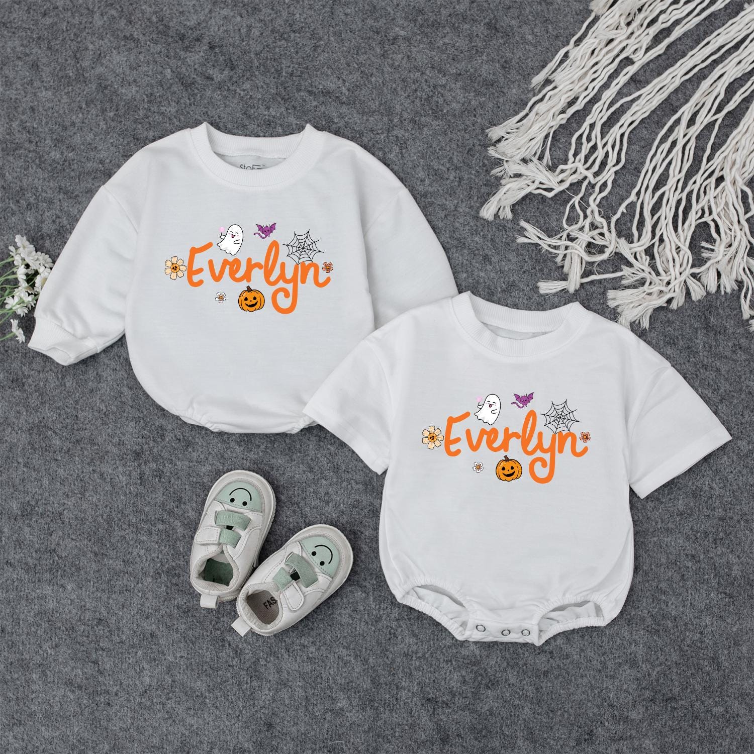 Custom Name Halloween Baby Bodysuit & Sweatshirt Orange Ghost Pumpkin Bat Purple White Fall Outfit Personalized
