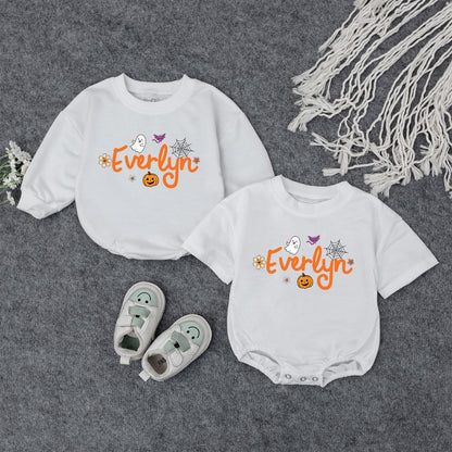 Custom Name Halloween Baby Bodysuit & Sweatshirt Orange Ghost Pumpkin Bat Purple White Fall Outfit Personalized