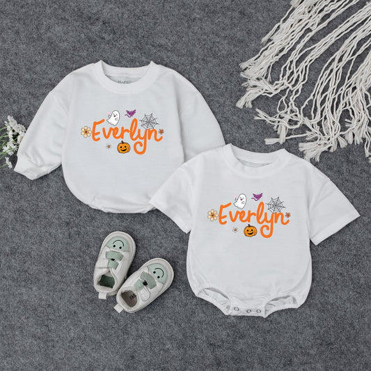 Custom Name Halloween Baby Bodysuit & Sweatshirt Orange Ghost Pumpkin Bat Purple White Fall Outfit Personalized