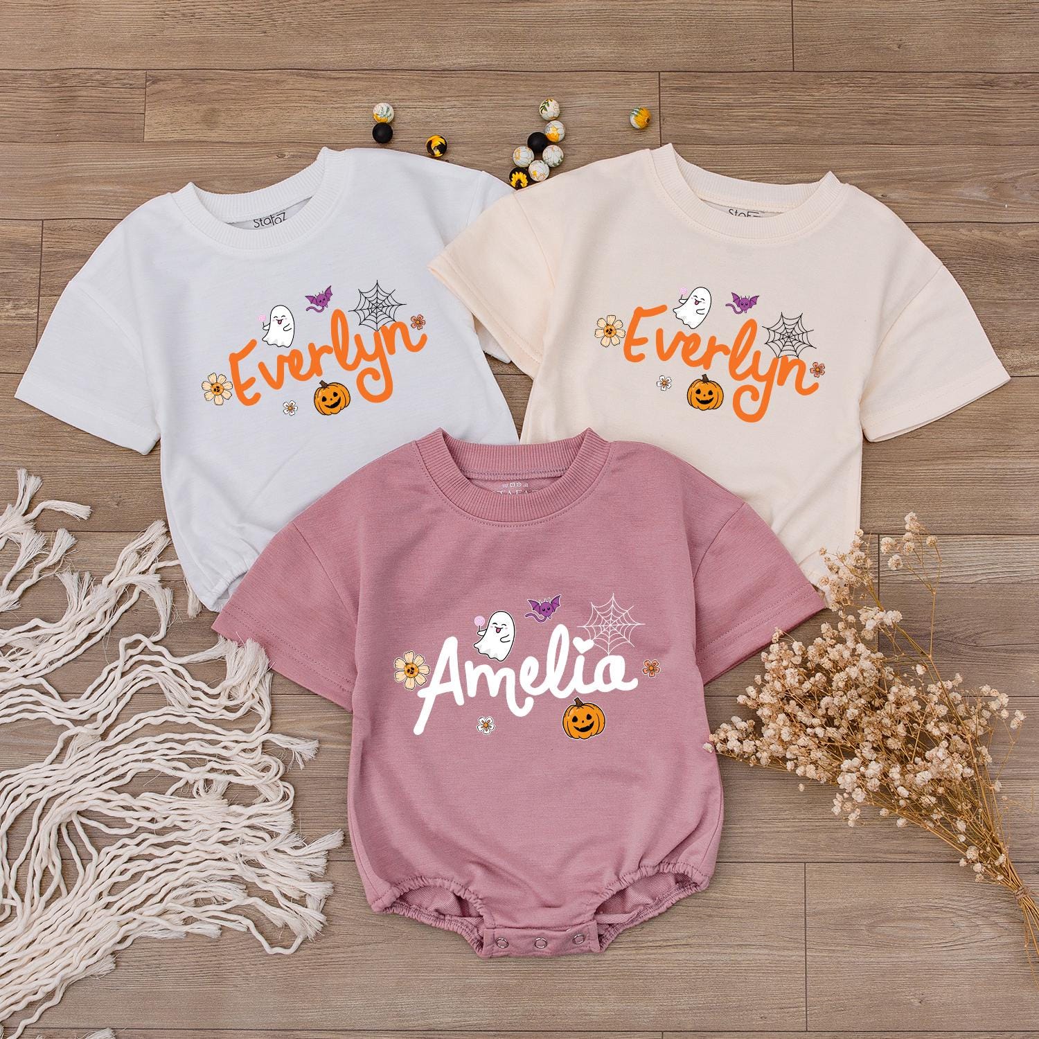 Custom Name Halloween Baby Bodysuit & Sweatshirt Orange Ghost Pumpkin Bat Purple White Fall Outfit Personalized