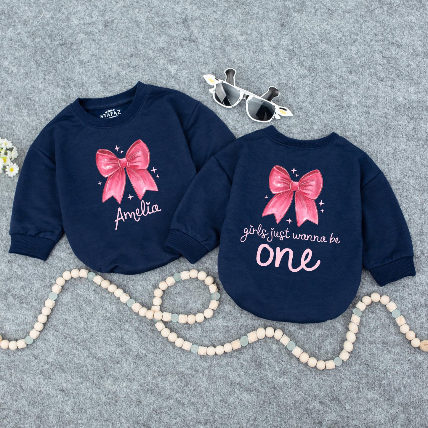 Amelia's First Birthday Outfit Pink Bow Starbursts Girls Just Wanna Be One Year Old Custom Baby Girl Sweatshirt Gift
