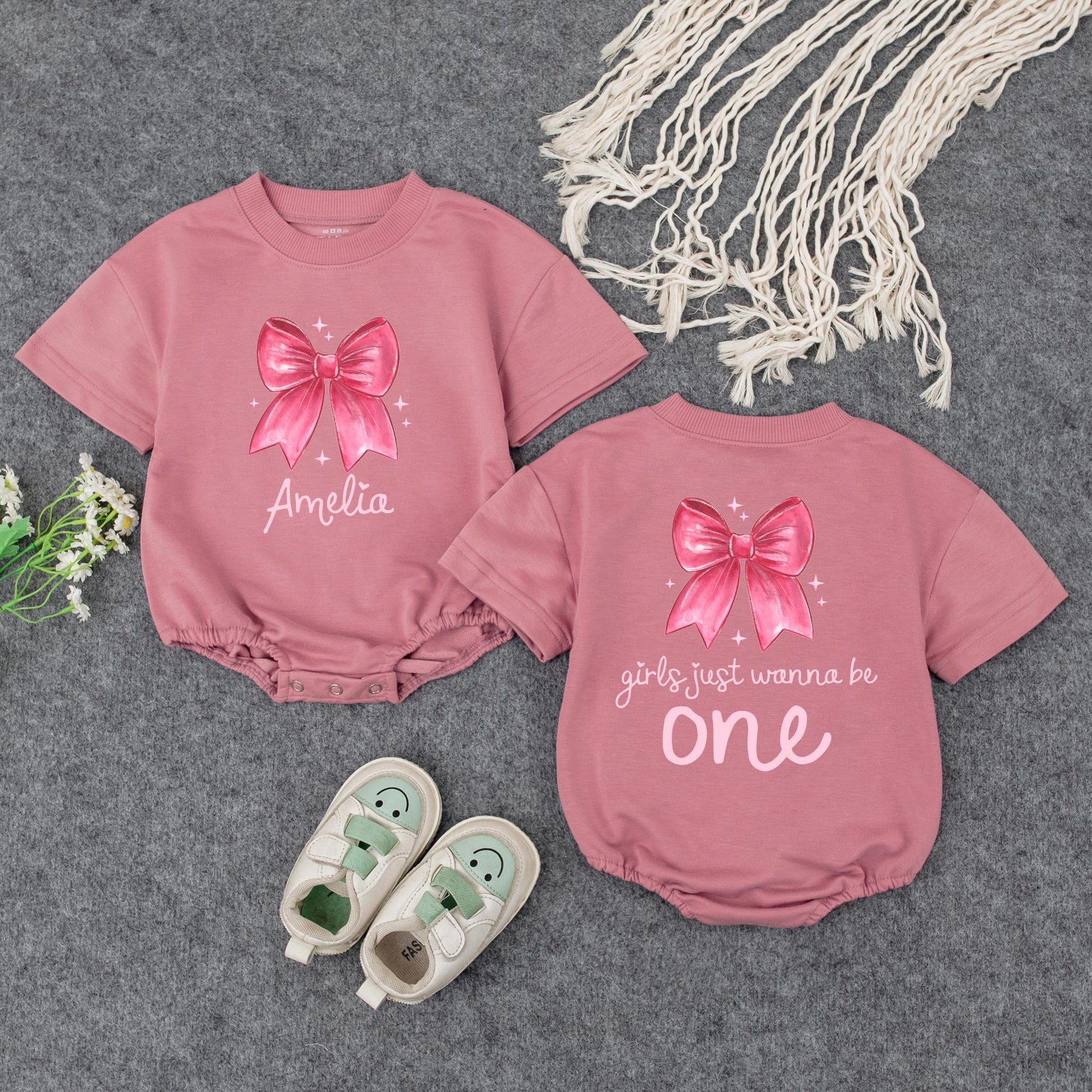 Amelia's First Birthday Outfit Pink Bow Starbursts Girls Just Wanna Be One Year Old Custom Baby Girl Sweatshirt Gift