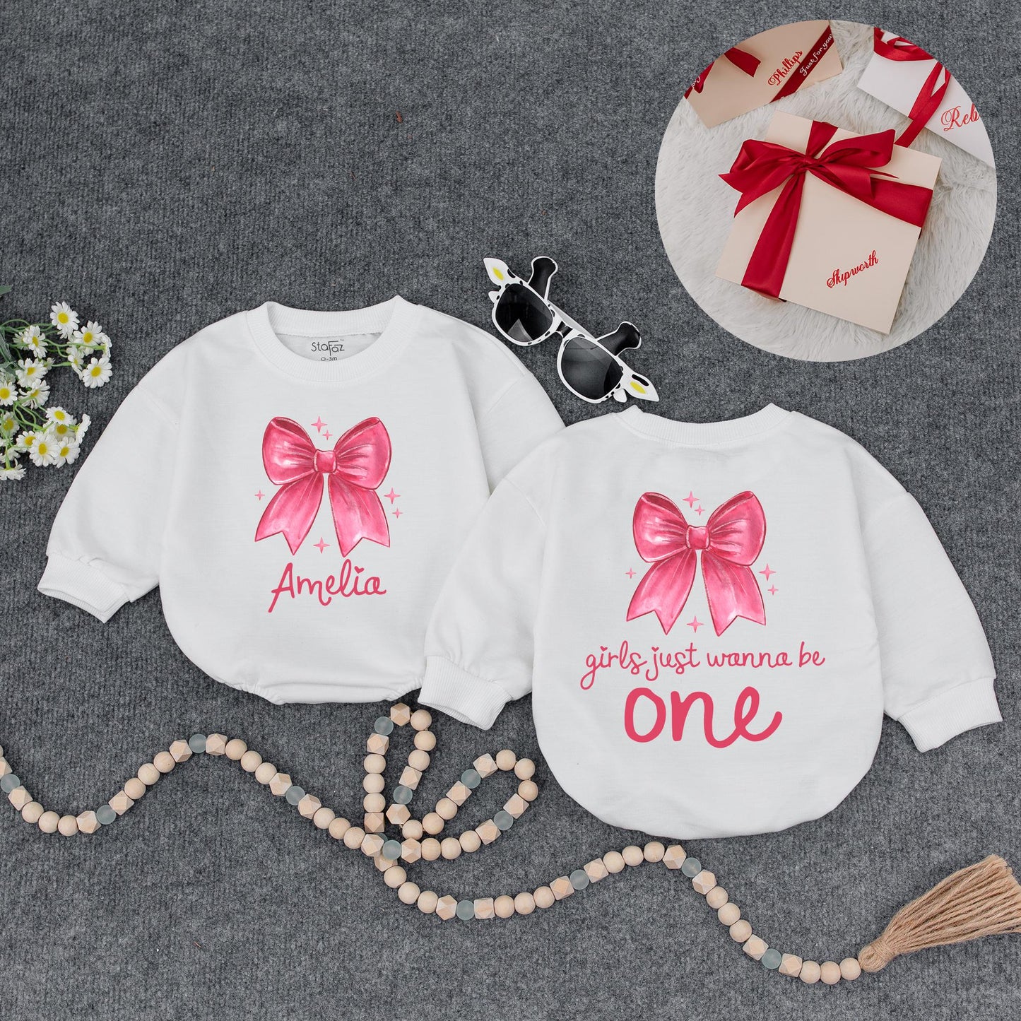 Amelia's First Birthday Outfit Pink Bow Starbursts Girls Just Wanna Be One Year Old Custom Baby Girl Sweatshirt Gift