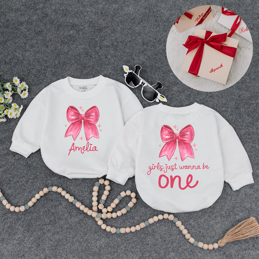 Amelia's First Birthday Outfit Pink Bow Starbursts Girls Just Wanna Be One Year Old Custom Baby Girl Sweatshirt Gift