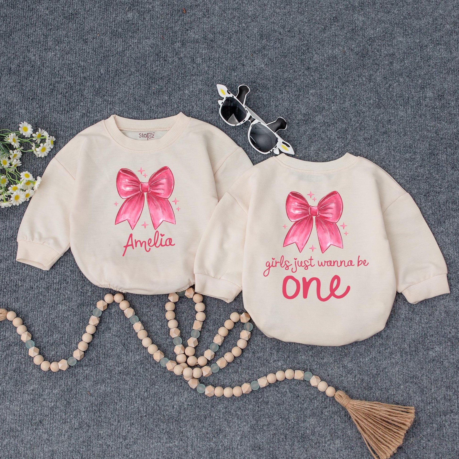Amelia's First Birthday Outfit Pink Bow Starbursts Girls Just Wanna Be One Year Old Custom Baby Girl Sweatshirt Gift
