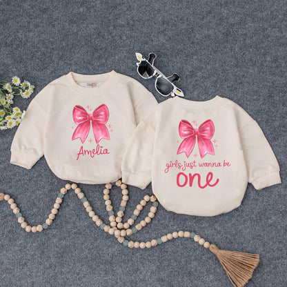 Amelia's First Birthday Outfit Pink Bow Starbursts Girls Just Wanna Be One Year Old Custom Baby Girl Sweatshirt Gift