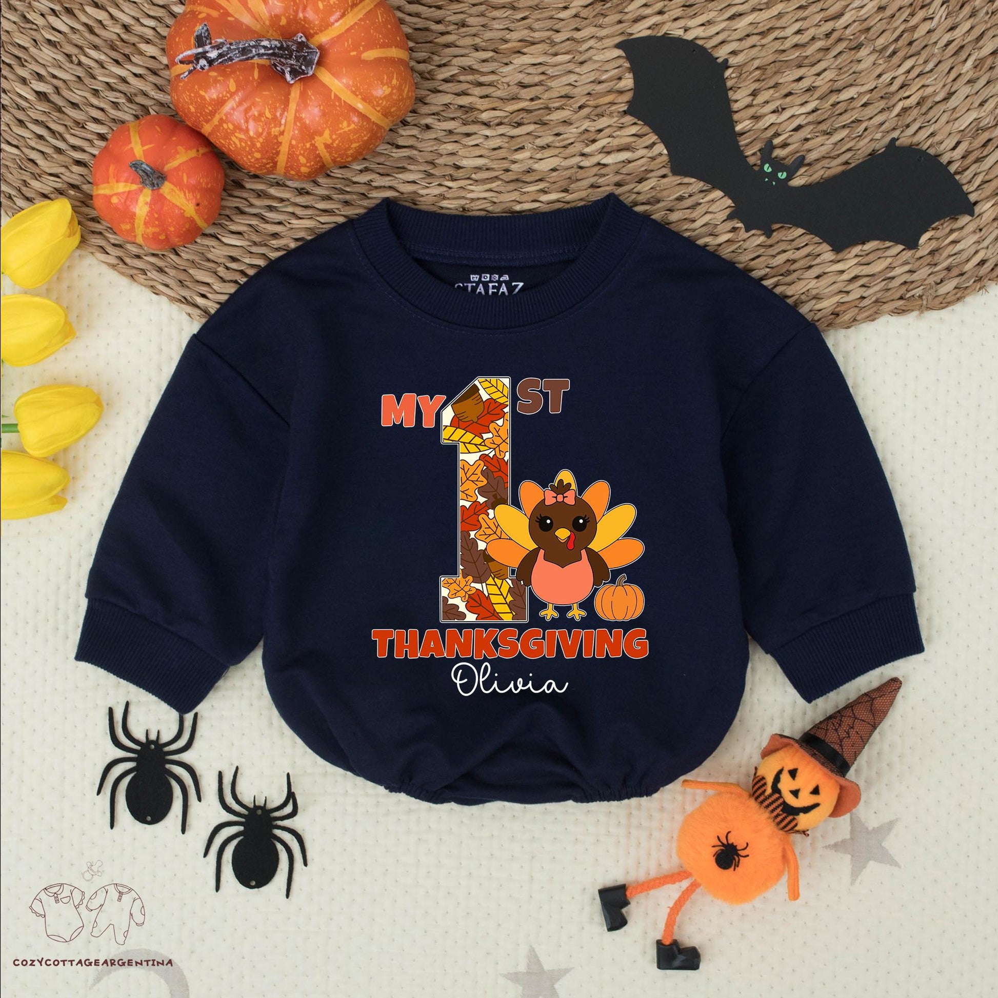 My 1st Thanksgiving Baby Bodysuit with Custom Name Olivia, Fall Leaves Turkey Romper Outfit, Baby Girl, Retro Fall Clothes