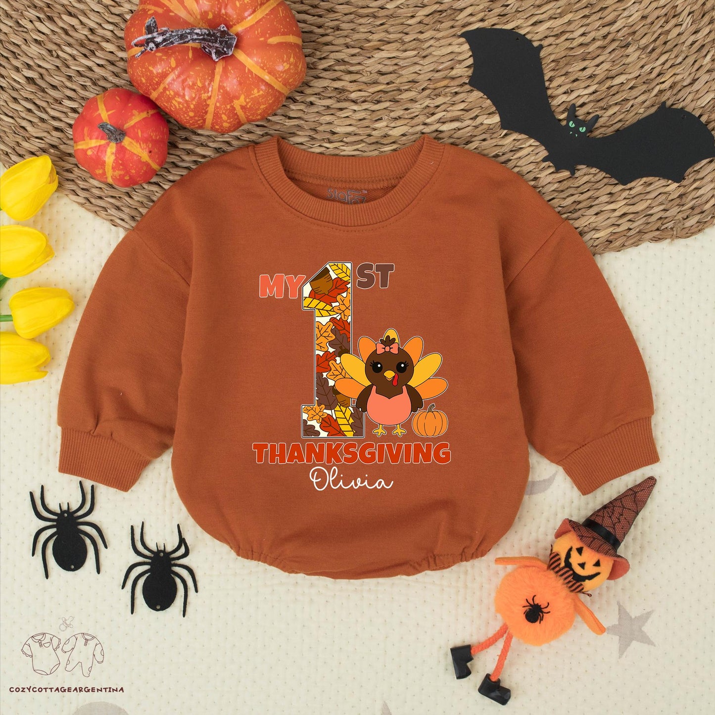 My 1st Thanksgiving Baby Bodysuit with Custom Name Olivia, Fall Leaves Turkey Romper Outfit, Baby Girl, Retro Fall Clothes