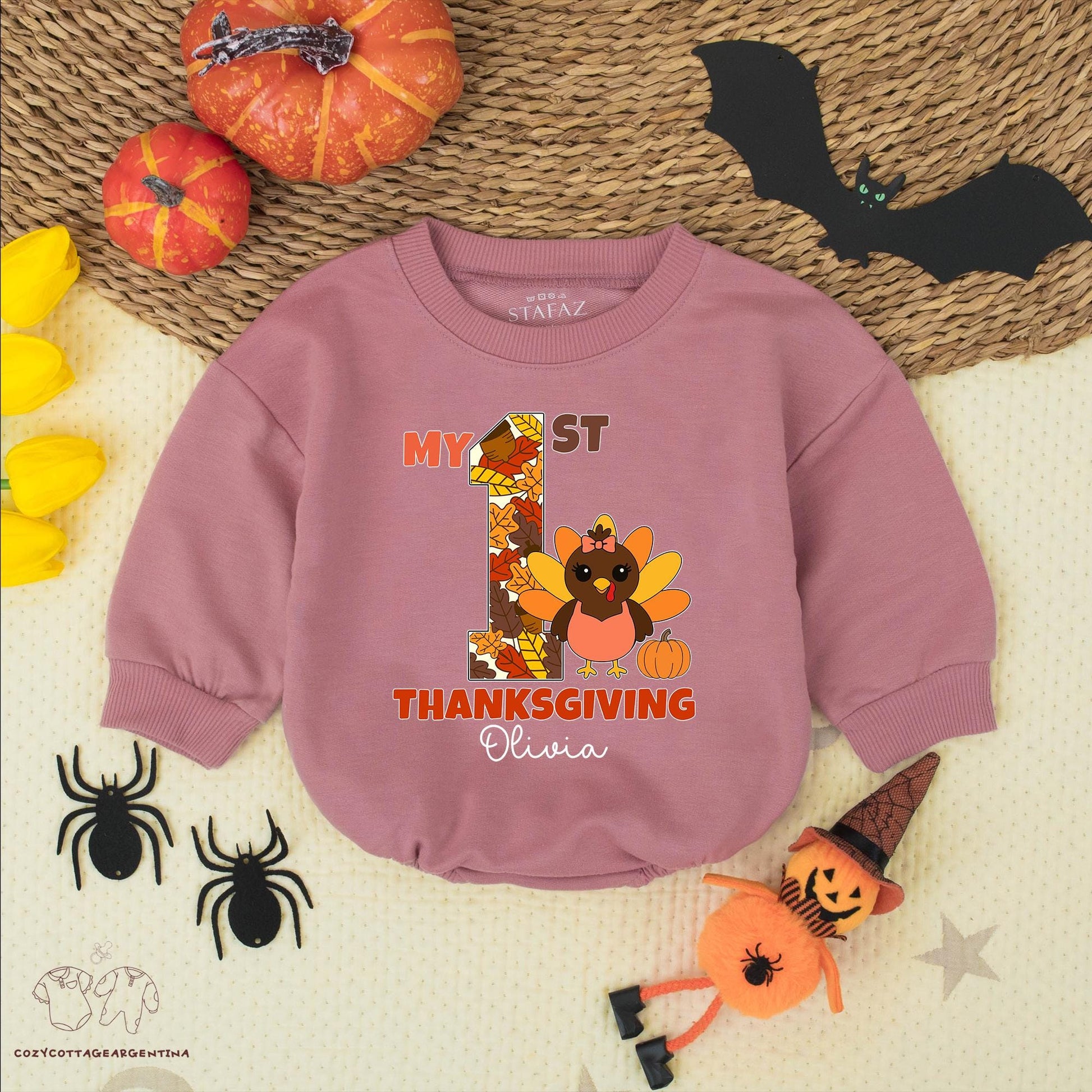 My 1st Thanksgiving Baby Bodysuit with Custom Name Olivia, Fall Leaves Turkey Romper Outfit, Baby Girl, Retro Fall Clothes