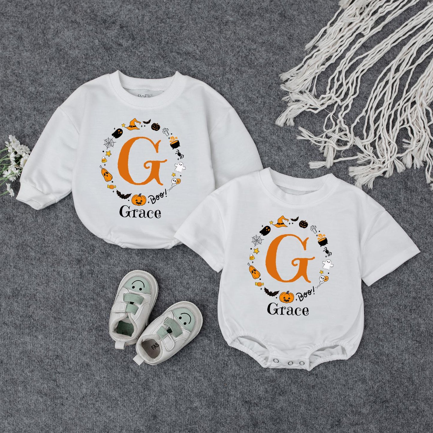 Boo Baby Bodysuit with Custom 'Grace' Name Halloween Outfit Festive Ghost Pumpkin Bat Design Infant Fall Gift