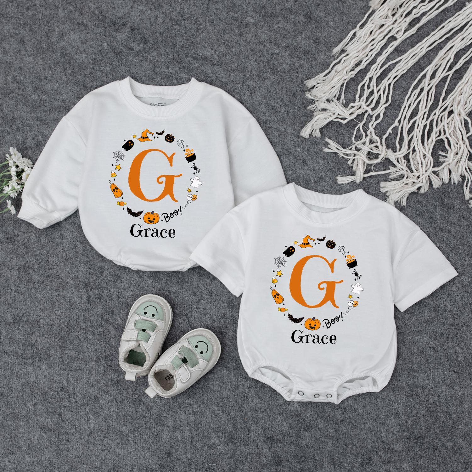 Boo Baby Bodysuit with Custom 'Grace' Name Halloween Outfit Festive Ghost Pumpkin Bat Design Infant Fall Gift
