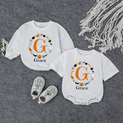 Boo Baby Bodysuit with Custom 'Grace' Name Halloween Outfit Festive Ghost Pumpkin Bat Design Infant Fall Gift