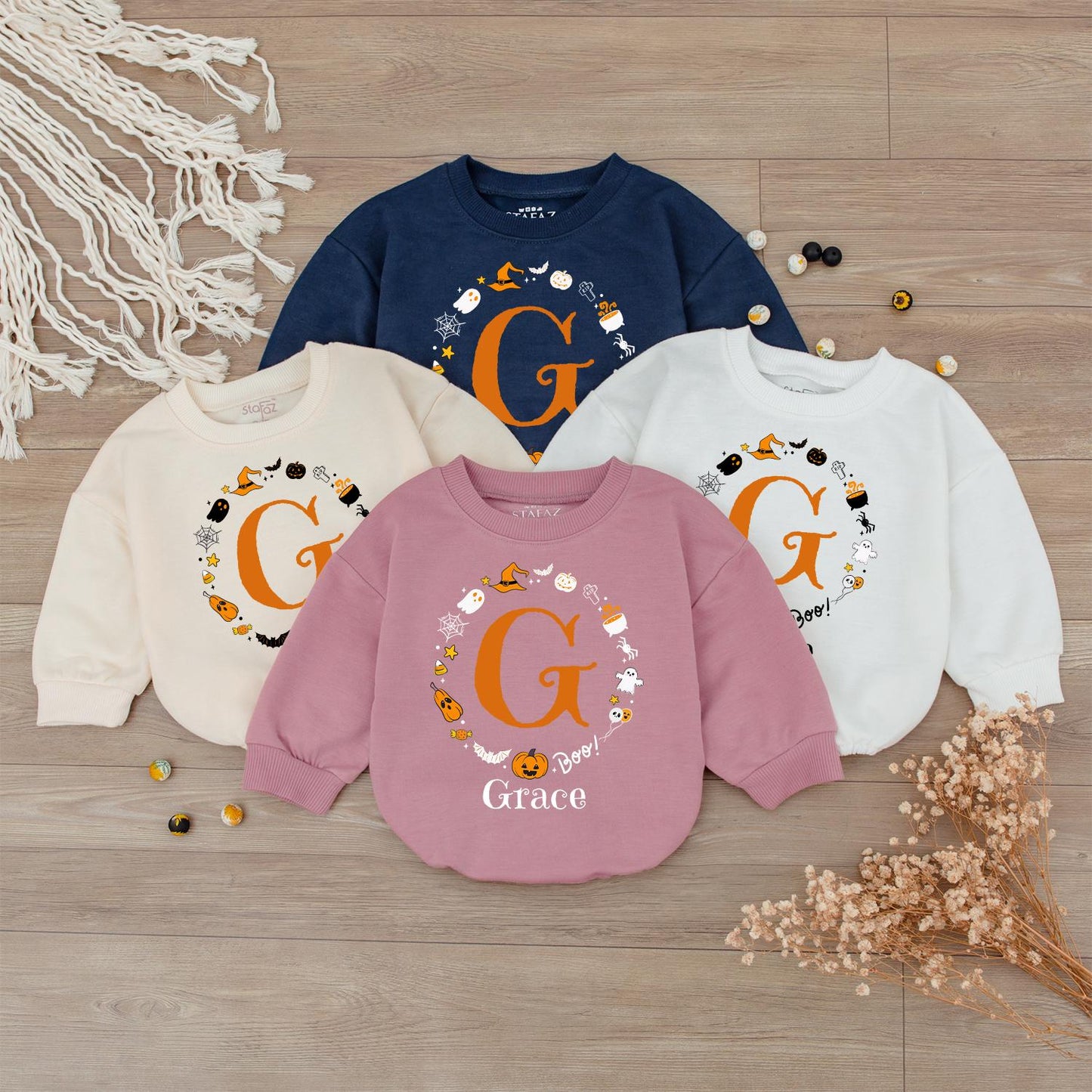 Boo Baby Bodysuit with Custom 'Grace' Name Halloween Outfit Festive Ghost Pumpkin Bat Design Infant Fall Gift