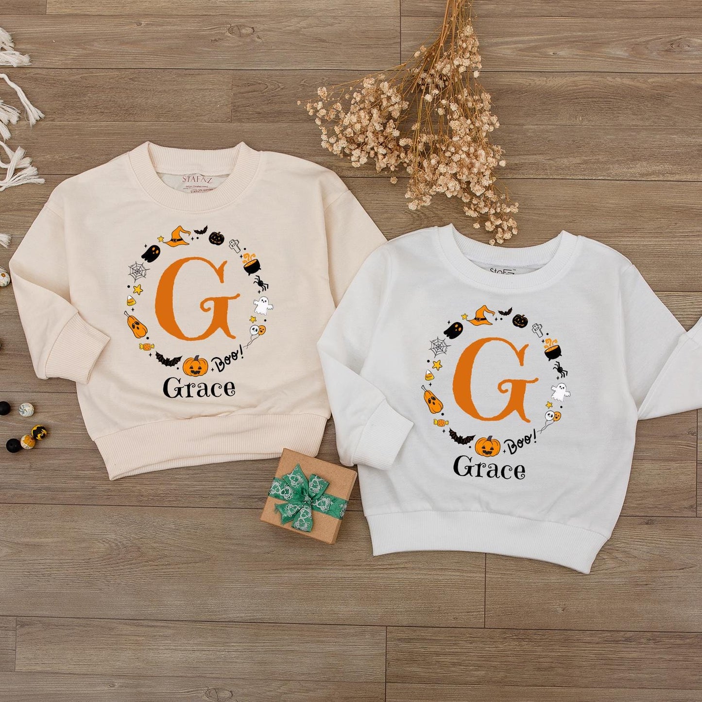 Boo Baby Bodysuit with Custom 'Grace' Name Halloween Outfit Festive Ghost Pumpkin Bat Design Infant Fall Gift