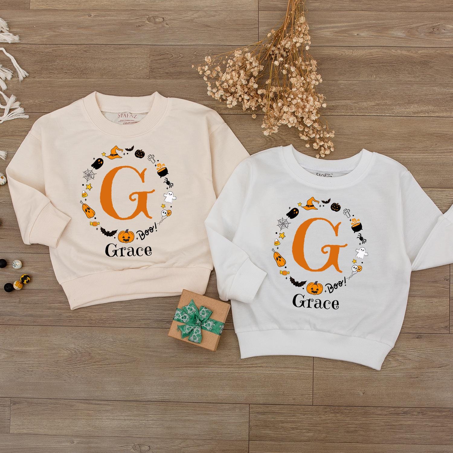 Boo Baby Bodysuit with Custom 'Grace' Name Halloween Outfit Festive Ghost Pumpkin Bat Design Infant Fall Gift