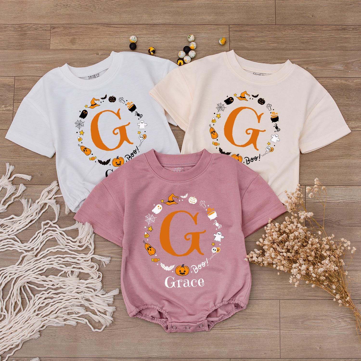 Boo Baby Bodysuit with Custom 'Grace' Name Halloween Outfit Festive Ghost Pumpkin Bat Design Infant Fall Gift