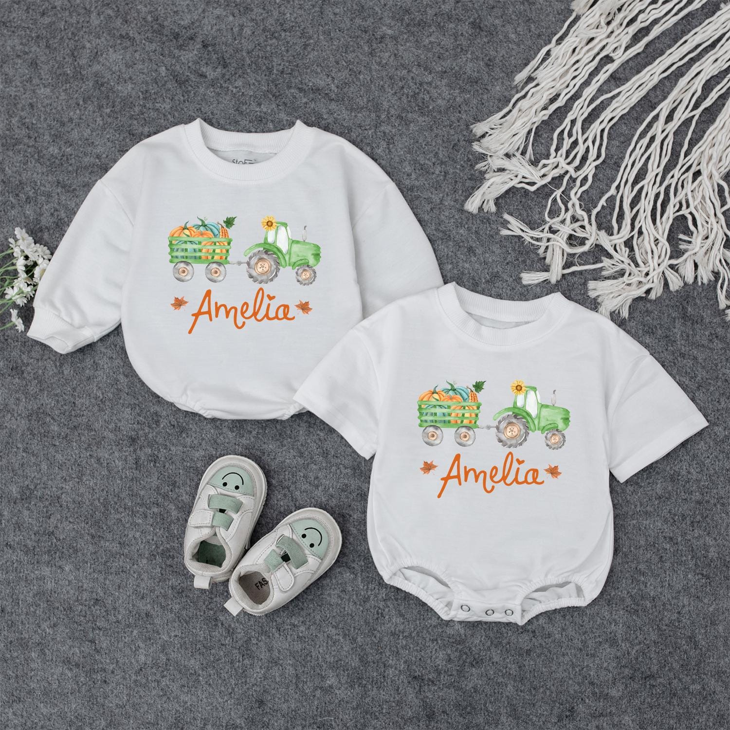 Amelia Pumpkin Tractor Fall Baby Outfit, Personalized Autumn Romper, First Thanksgiving Shirt, Harvest Baby Shower Gift, Baby Girl