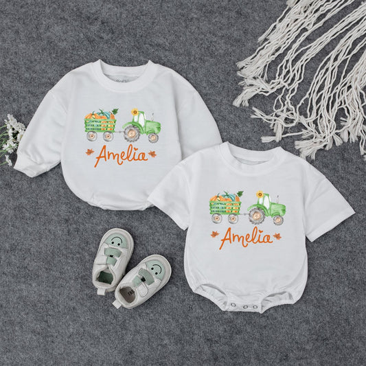 Amelia Pumpkin Tractor Fall Baby Outfit, Personalized Autumn Romper, First Thanksgiving Shirt, Harvest Baby Shower Gift, Baby Girl