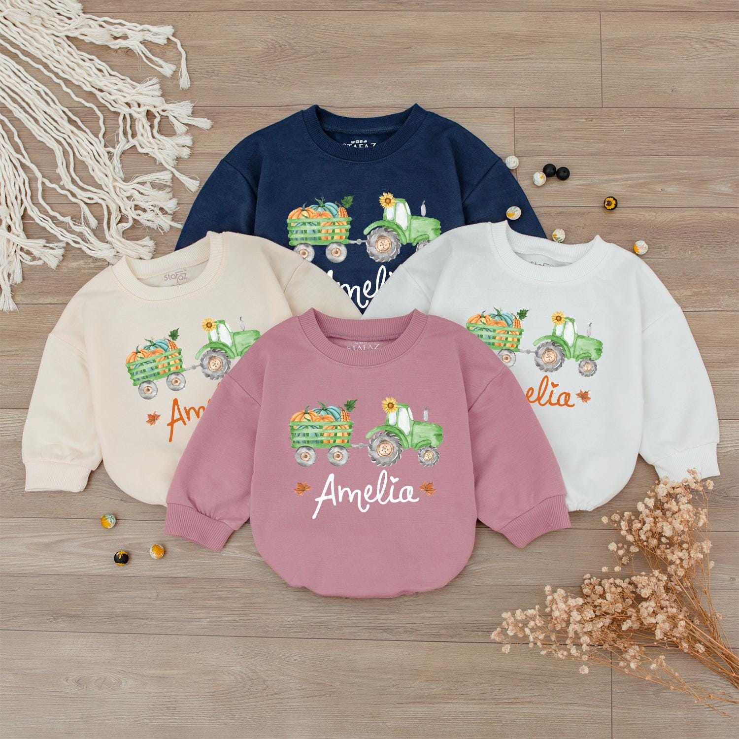 Amelia Pumpkin Tractor Fall Baby Outfit, Personalized Autumn Romper, First Thanksgiving Shirt, Harvest Baby Shower Gift, Baby Girl