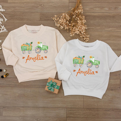 Amelia Pumpkin Tractor Fall Baby Outfit, Personalized Autumn Romper, First Thanksgiving Shirt, Harvest Baby Shower Gift, Baby Girl
