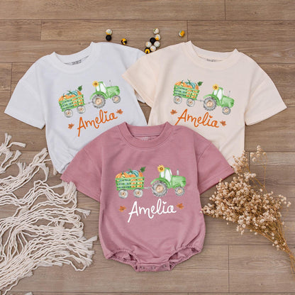 Amelia Pumpkin Tractor Fall Baby Outfit, Personalized Autumn Romper, First Thanksgiving Shirt, Harvest Baby Shower Gift, Baby Girl