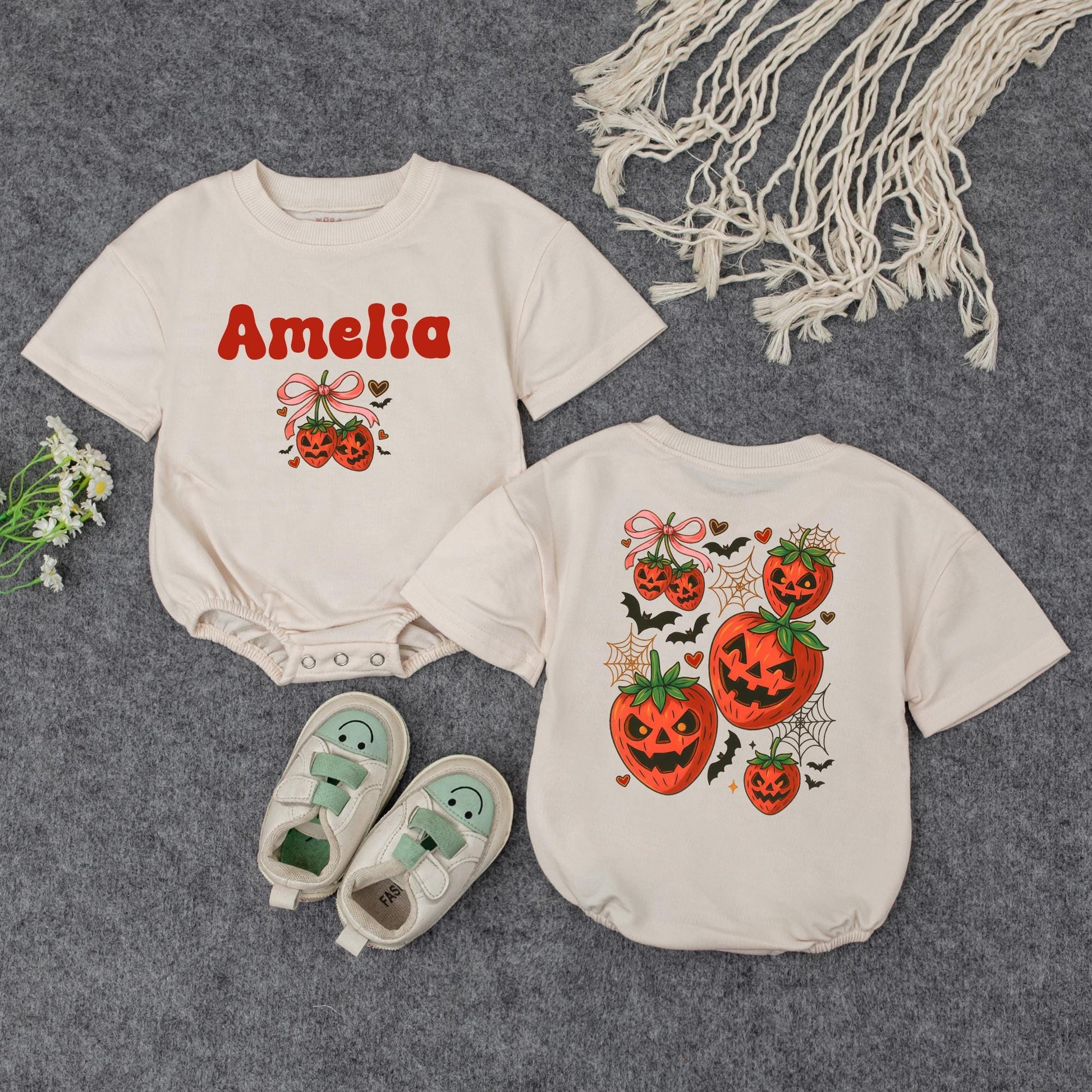 Amelia's First Halloween Sweatshirt, Cute Pumpkin Outfit, Personalized Baby Girl Fall Clothes, Jack-o'-lantern, Bats & Bows, Custom Name, Baby Shower Gift (138 chars)