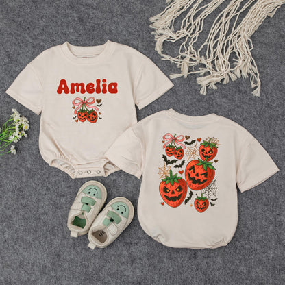 Amelia's First Halloween Sweatshirt, Cute Pumpkin Outfit, Personalized Baby Girl Fall Clothes, Jack-o'-lantern, Bats & Bows, Custom Name, Baby Shower Gift (138 chars)