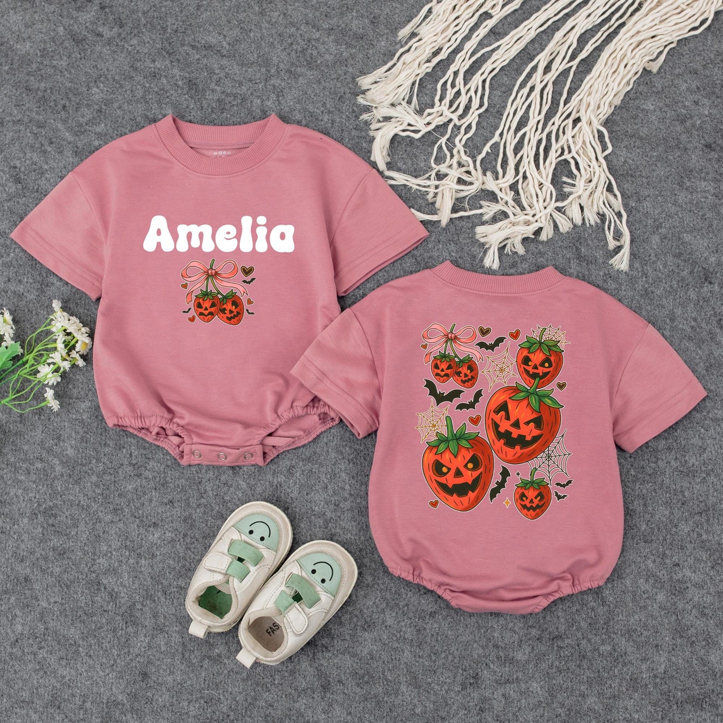 Amelia's First Halloween Sweatshirt, Cute Pumpkin Outfit, Personalized Baby Girl Fall Clothes, Jack-o'-lantern, Bats & Bows, Custom Name, Baby Shower Gift (138 chars)