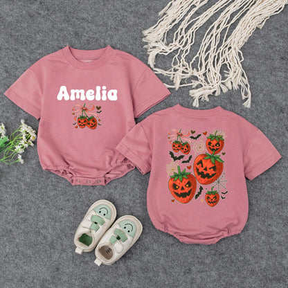 Amelia's First Halloween Sweatshirt, Cute Pumpkin Outfit, Personalized Baby Girl Fall Clothes, Jack-o'-lantern, Bats & Bows, Custom Name, Baby Shower Gift (138 chars)