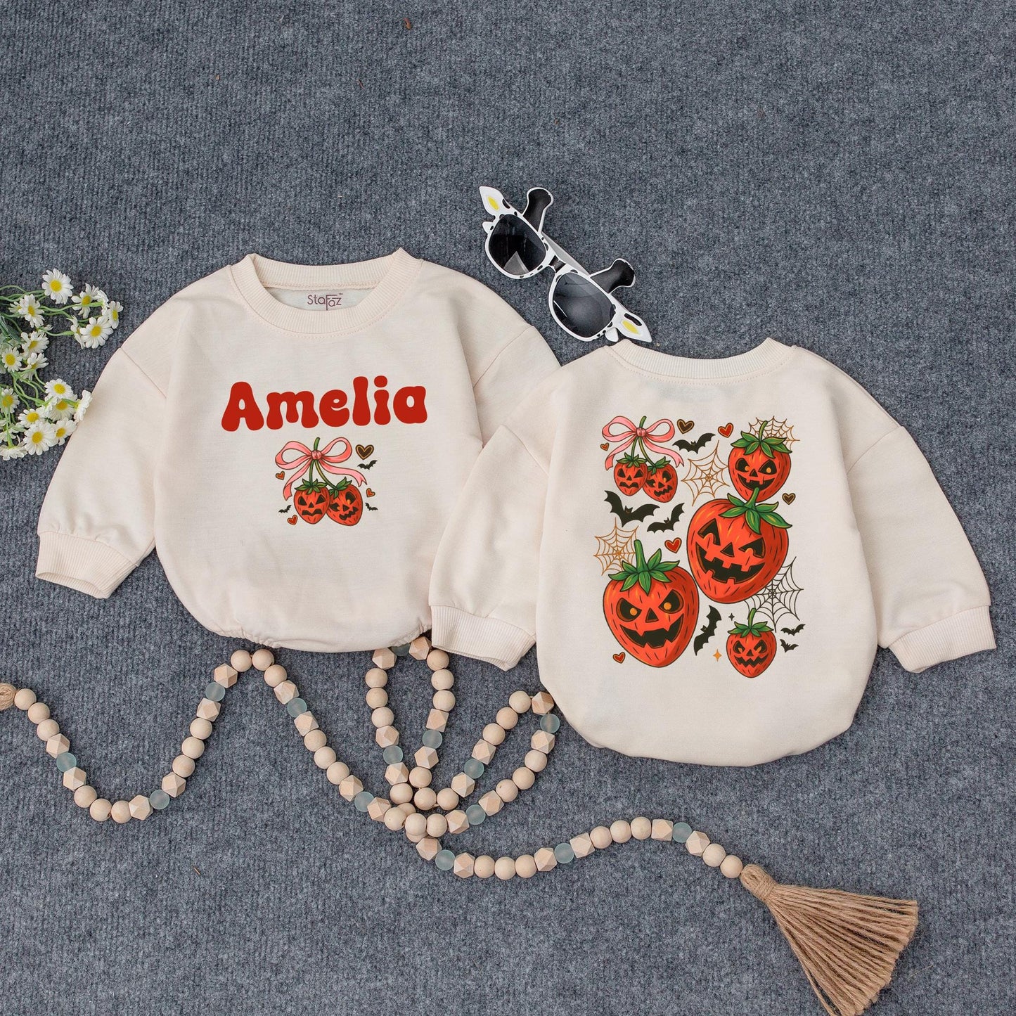Amelia's First Halloween Sweatshirt, Cute Pumpkin Outfit, Personalized Baby Girl Fall Clothes, Jack-o'-lantern, Bats & Bows, Custom Name, Baby Shower Gift (138 chars)