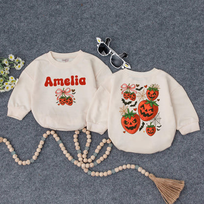 Amelia's First Halloween Sweatshirt, Cute Pumpkin Outfit, Personalized Baby Girl Fall Clothes, Jack-o'-lantern, Bats & Bows, Custom Name, Baby Shower Gift (138 chars)