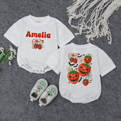 Amelia's First Halloween Sweatshirt, Cute Pumpkin Outfit, Personalized Baby Girl Fall Clothes, Jack-o'-lantern, Bats & Bows, Custom Name, Baby Shower Gift (138 chars)
