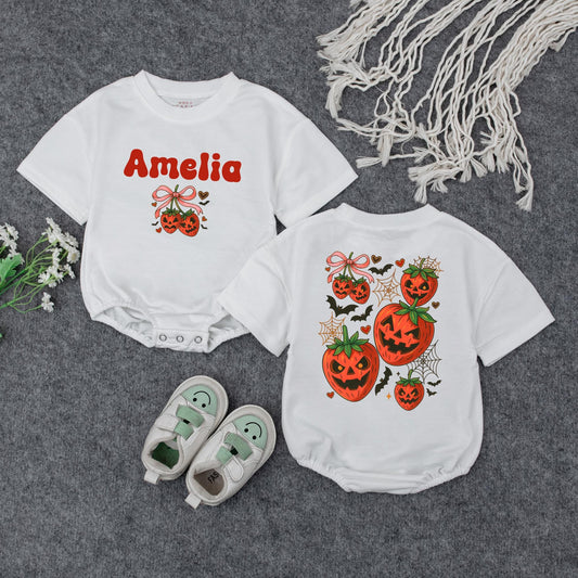 Amelia's First Halloween Sweatshirt, Cute Pumpkin Outfit, Personalized Baby Girl Fall Clothes, Jack-o'-lantern, Bats & Bows, Custom Name, Baby Shower Gift (138 chars)