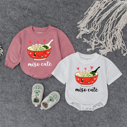 Miso Cute Baby Romper whimsical cartoon miso soup design newborn bubble bodysuit gender neutral clothes funny food pun