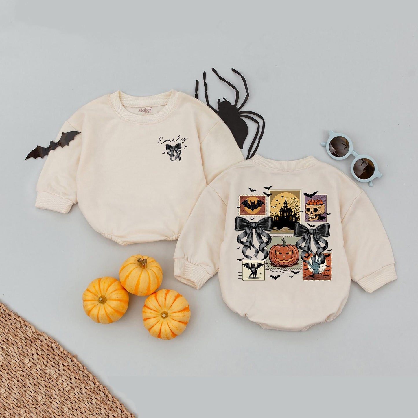 Custom Emily Vintage Halloween Romper, Spooky Ghost Postage Stamp Baby Bodysuit, Preppy Pumpkin Fall Outfit, Personalized Boo Season Clothes 138