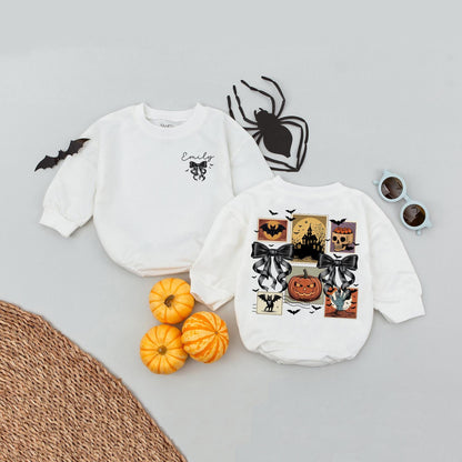 Custom Emily Vintage Halloween Romper, Spooky Ghost Postage Stamp Baby Bodysuit, Preppy Pumpkin Fall Outfit, Personalized Boo Season Clothes 138