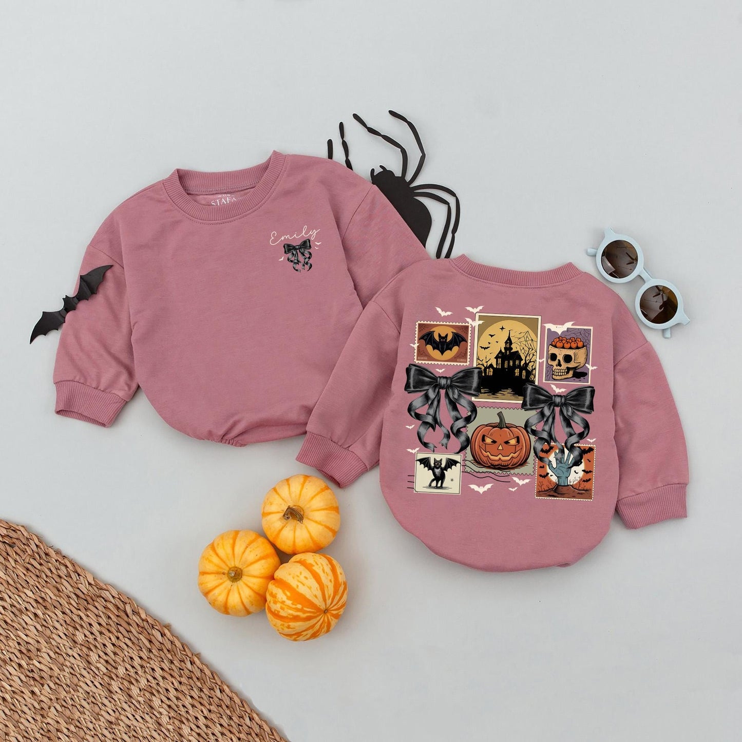 Custom Emily Vintage Halloween Romper, Spooky Ghost Postage Stamp Baby Bodysuit, Preppy Pumpkin Fall Outfit, Personalized Boo Season Clothes 138