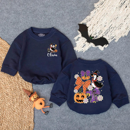 Custom Goose Witch Halloween Baby Romper Glitter Spooky Pumpkin Cauldron Daisy Fall Outfit Olivia