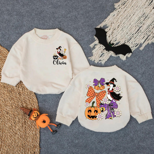 Custom Goose Witch Halloween Baby Romper Glitter Spooky Pumpkin Cauldron Daisy Fall Outfit Olivia