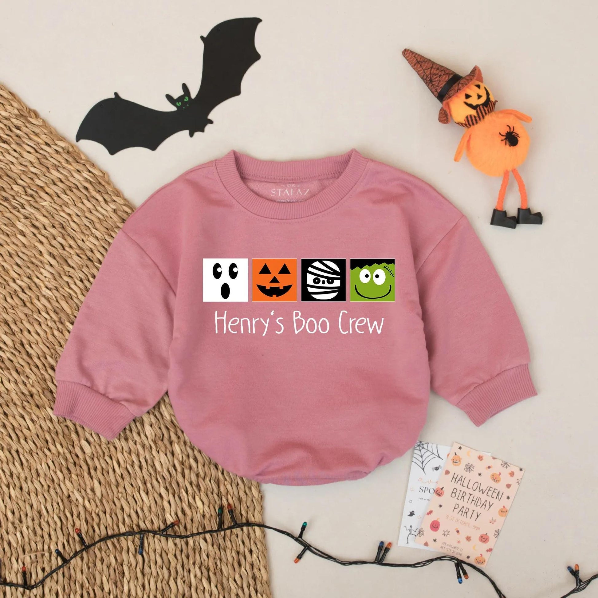 Boo Crew Baby Romper Custom Halloween Ghost Outfit with "Henry's Boo Crew" Print Black Orange Green White