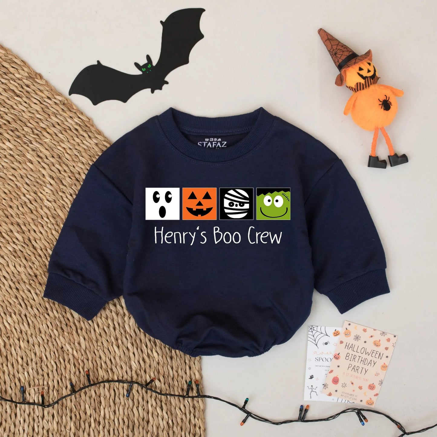Boo Crew Baby Romper Custom Halloween Ghost Outfit with "Henry's Boo Crew" Print Black Orange Green White