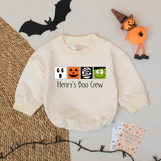 Boo Crew Baby Romper Custom Halloween Ghost Outfit with "Henry's Boo Crew" Print Black Orange Green White