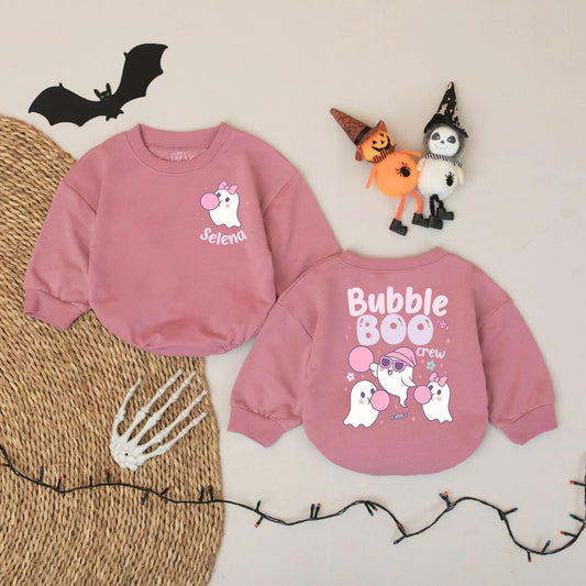 Bubble Boo Crew Baby Romper Selena Pink Bow Ghost Halloween Outfit Custom Name Toddler Bodysuit Cute Spooky Season Gift