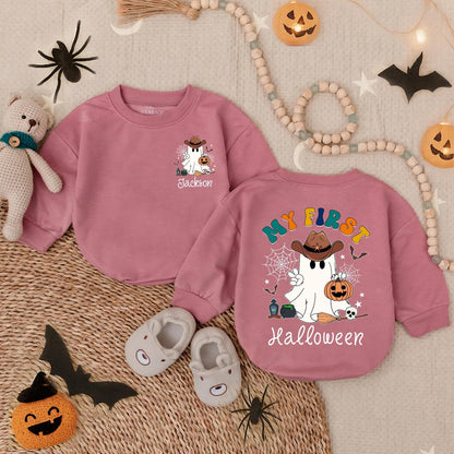 Custom 'My First Halloween' Baby Boy Romper with Ghost Cowboy! Spooky Dude Outfit, Pumpkin Bodysuit, Personalized Name, Cute Boo Costume (140 chars)