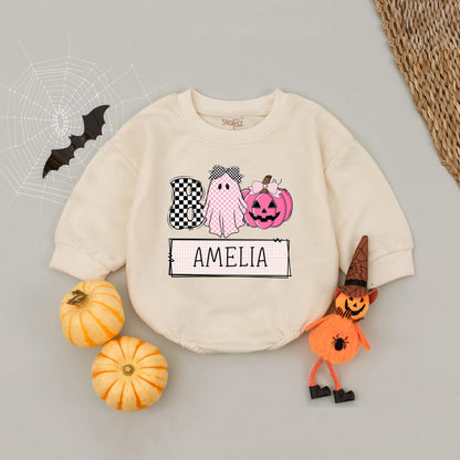 Custom Boo Ghost Pumpkin Romper for Baby Girl Adorable Halloween Outfit Amelia Name Personalized