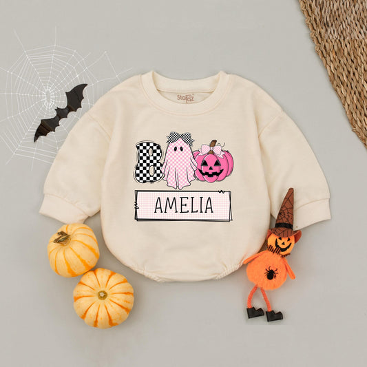 Custom Boo Ghost Pumpkin Romper for Baby Girl Adorable Halloween Outfit Amelia Name Personalized