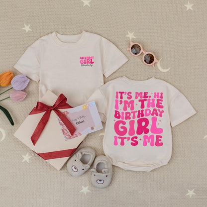 Personalized Birthday Girl Romper, It's Me Hi Design, Custom Name Age, Funny Baby Bodysuit, Pink Starburst, Cheerful Birthday Outfit, Baby Girl Gift