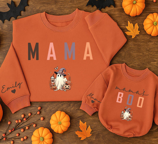 Matching Mama and Me Fall Ghost Sweatshirt and Baby Romper Set Playful Colorful Pumpkin Boo Outfit Autumn Baby Shower Gift